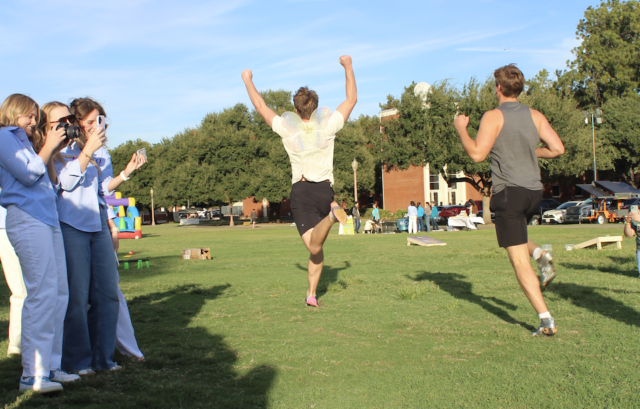 Queestown, Maryland, junior Riley Costello wins the high-heel race at Alpha Chi Omega's Block Party on Friday evening at Fountain Mall. Photo courtesy of Lana McMenis