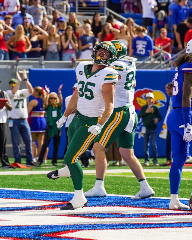 Senior running back Dawson Pendergrass gets pumped up after finding the end zone against Kansas. Photo courtesy of Baylor Ahtletics