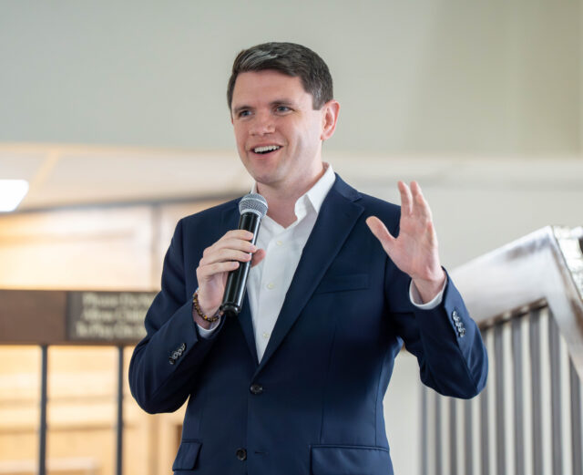 Democratic U.S Senate Candidate James Talarico speaks on the importance of defending democracy at a block walk event in Woodway on Sunday afternoon. Caleb Garcia | Photo Editor